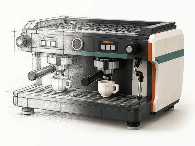 Illustrative AI concept blending an espresso machine sketch into a brick-built model